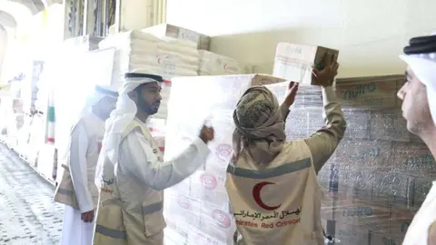 Miembros de la Media Luna Roja descargan la ayuda alimentaria en Yemen. (WAM)