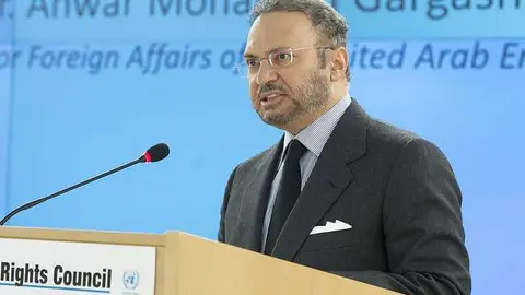 El ministro de Estado de Asuntos Exteriores de EAU, Gargash, durante una intervención en la sede de la ONU en Ginebra.