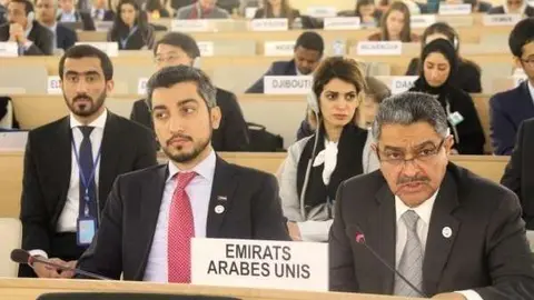 Obaid Salem Al Zaabi, representante permanente de Emiratos ante la ONU, interviene en nombre del Cuarteto Árabe ante el Consejo de Derechos Humanos. (WAM)