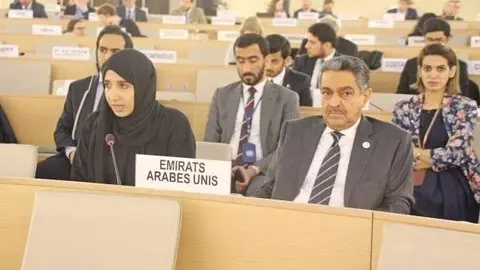 Fatma Ahmed Al Muhairi, tercera secretaria de la Misión Diplomática de Emiratos Árabes Unidos en Ginebra, durante su intervención en el Consejo de Derechos Humanos.