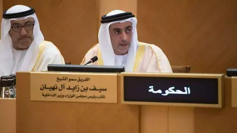 Sheikh Saif bin Zayed Al Nahyan, ministro del Interior, durante su intervención en el Consejo Nacional Federal. (Ministerio del Interior)