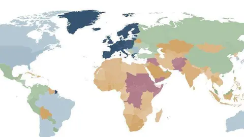 El color del país indica cómo es la calidad de su nacionalidad: El azul es extremadamente alta, el celeste muy alta, verde es alta calidad, naranja mediana calidad y rosa baja calidad. 