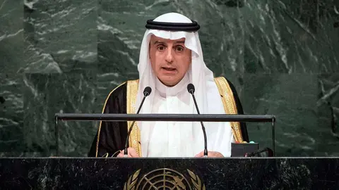 El ministro de Relaciones Exteriores de Arabia Saudita durante un discurso en Naciones Unidas.