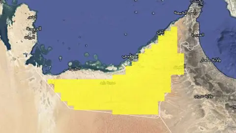 Mapa de las zonas con baja visibilidad este jueves en Emiratos Árabes. (NMC)