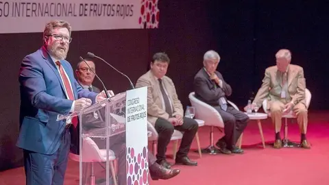 El consejero de Agricultura de la Junta de Andalucía, Rodrigo Sánchez Haro, durante su intervención en el Congreso Internacional de Frutos Rojos. (Cedida)