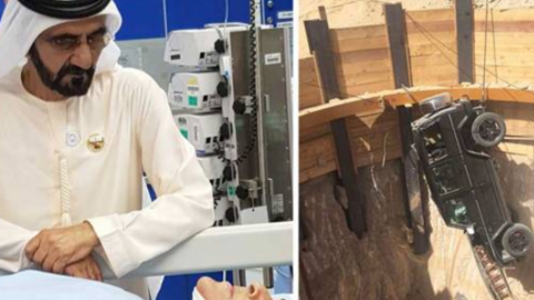 A la izquierda el jeque junto al conductor herido y en la imagen de la derecha una grúa saca al vehículo del agujero profundo al que cayó.