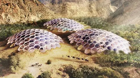 Una maqueta de biodomos en las montañas de EAU.