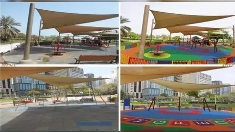 Antes y después de la remodelación de algunas de las áreas de juego de la Corniche de Abu Dhabi. (WAM)