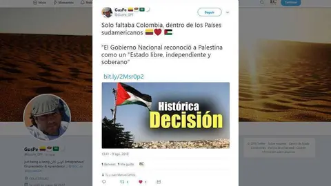 Tuit de Gustavo Pérez Figueroa, colombiano residente en Arabia Saudita, en el que ha pulsado "me gusta" el expresidente Santos.