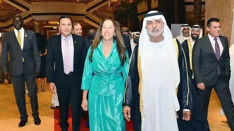 El jeque Nahyan bin Mubarak Al Nahyan, ministro de Tolerancia, durante la reciente celebración del Día Nacional de México en Emiratos Árabes. (Manaf K. Abbas / EL CORREO)