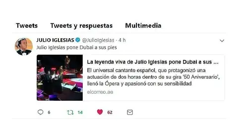 Información de EL CORREO DEL GOLFO sobre el concierto de Julio Iglesias en Dubai, en el perfil oficial de Twitter del universal cantante español.