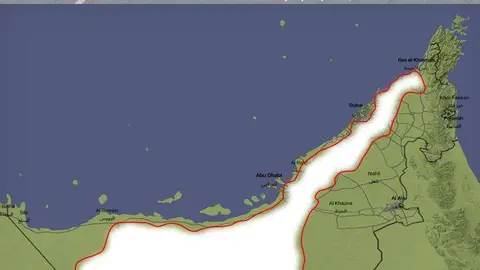 El mapa del Centro Nacional de Meteorología muestra el banco de niebla sobre Emiratos este sábado.