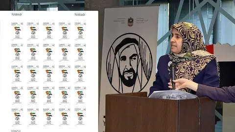 La embajadora de EAU en España, Dra. Hassa Abdullah Al Otaiba, durante la presentación del sello. (WAM)