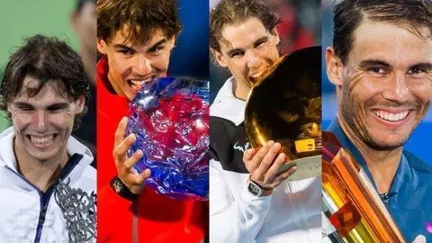 Rafa Nadal con los cuatro trofeos conseguidos en Abu Dhabi.