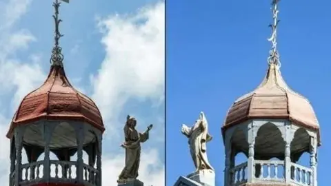 En la imagen de AFP, la catedral San Francisco de Asís en Adén, la fotografía de la izquierda es de marzo de 2015 y en la de la derecha de enero de 2019 San Francisco está decapitado.