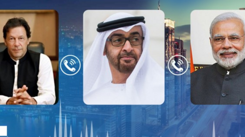 El príncipe heredero de Abu Dhabi entre el primer ministro indio y el de Pakistán.