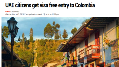 Noticia de exención de visado previo entre Colombia y EAU en el diario Khaleej Times.