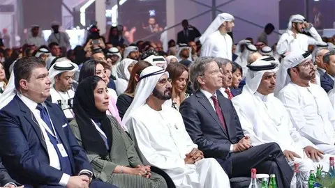 El jeque Mohamed Al Maktoum durante su participación en el Foro de Medios Árabes 2019. (Dubai Media Office)