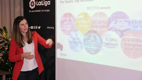 Maite Ventura, durante la presentación del informe económico-financiero de LaLiga en Dubai. (EL CORREO)