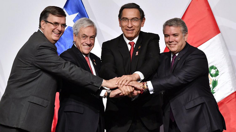 Los presidentes de Chile, Sebastián Piñera; Colombia, Iván Duque; México, Andrés Manuel López Obrador; y Perú, Martín Vizcarra Cornejo, en Lima. (Alianza del Pacífico)