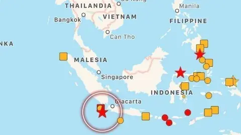 En rojo el lugar donde ha tenido lugar el terremoto.