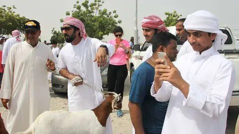 Un joven emiratí realiza una foto con su celular a una reunión en el mercado de corderos de Ras Al Khaimah. (EL CORREO)