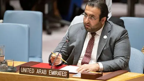 Saud Al Shamsi, representante permanente adjunto de Emiratos Árabes ante las Naciones Unidas, durante su intervención en el Consejo de Seguridad del organismo internacional. (WAM)
