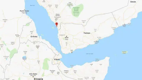 Localización de la ciudad Jazan (Arabia Saudita) en la costa del mar Rojo. (Google Maps)