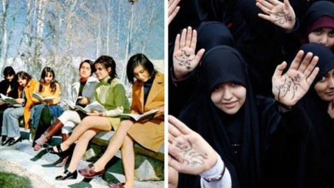 En la imagen de Reuters, estudiantes iraníes en 1971 y mujeres en una manifestación en Teherán en 2018.