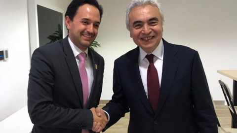 A la izquierda de la imagen del viceministro de Energía de Colombia, Diego Mesa, en Abu Dhabi.