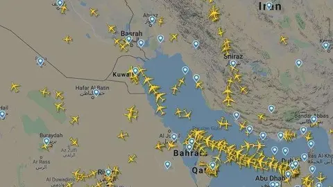 Una captura de pantalla de la web Flightradar24 del 8-1-2020 sobre el Golfo Arábigo.