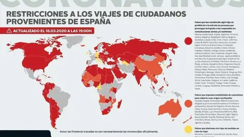 Mapa de restricciones a viajeros españoles. (Ministerio Exteriores España)