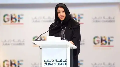 La ministra emiratí Reem Al Hashimy en 2020 durante el Foro Global Latinoamérica de Dubai.