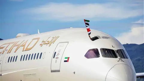 El avión de Etihad que realizó el vuelo histórico desde Abu Dhabi a San José en Costa Rica. (WAM)