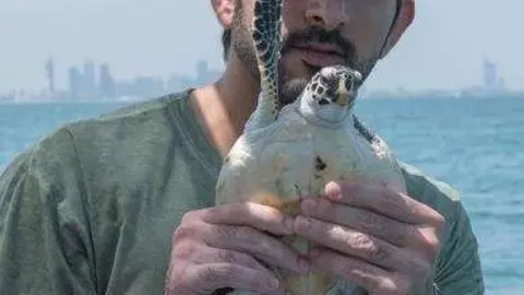El jeque Hamdan compartió en Instagram una foto de una de las tortugas liberadas.