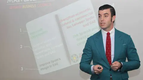 Guillermo Cobelo, durante un acto de la Cámara de Comercio de España en Emiratos Árabes desarrollado en Dubai. (EL CORREO)