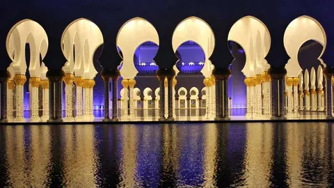 Imagen nocturna de la Gran Mezquita Zayed en Abu Dhabi. (R. Pérez / EL CORREO)