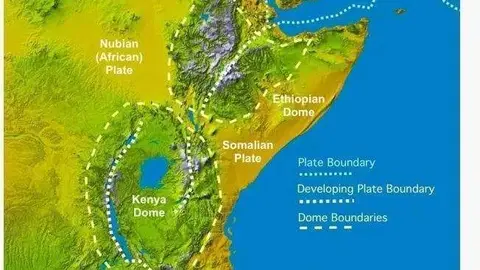 La imagen muestra la configuración geológica de las placas en Africa. El nuevo océano se formará en la bifurcación del rift en forma de "Y". (Nature Communications)