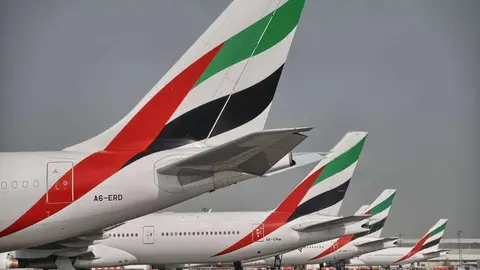 Aviones de fuselaje ancho de Emirates en el Aeropuerto Internacional de Dubai. (WAM)