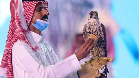 Un saudí muestra un halcón que se vendió por  173.284 dólares durante una subasta en la Saudi Falcons Club Auction en el Festival King Abdulaziz en Mulham, Riad. (Reuters)