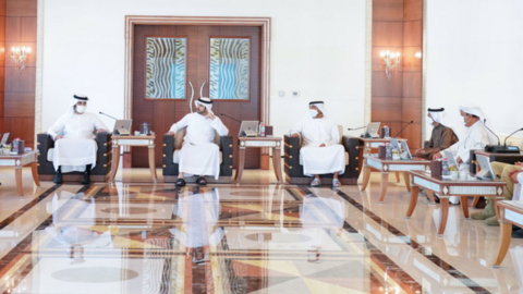 Un momento de una reunión presidida por el jeque Hamdan, en la era del coronavirus. (Twitter)