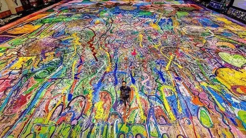 Sacha Jafri ante la pintura sobre lienzo más grande del mundo. (Dubai Media Office)