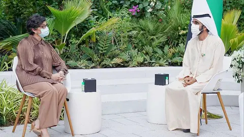 La ministra de Exteriores de España, durante su encuentro en Dubai con el vicepresidente y primer ministro de EAU. / The Spanish Foreign Minister, during her meeting in Dubai with the Vice-President and Primer Minister of the United Arab Emirates. (WAM)