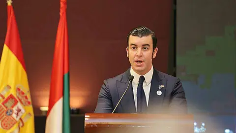 Guillermo Cobelo, durante su intervención en el transcurso de la celebración del Día Nacional de España en Emiratos Árabes Unidos. (EL CORREO)