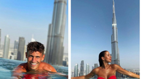 El futbolista del Atlético de Madrid y su novia en la piscina de un hotel en Dubai. (Instagram)