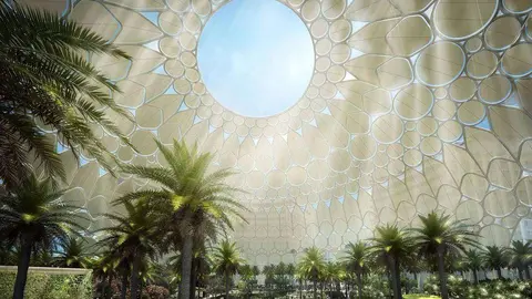 En la imagen difundida por la Expo se observa la geometría y el paisajismo en los distritos temáticos del lugar.