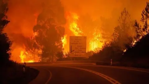 En la foto de Efe, las llamas junto a la autopista del Algarve en Portugal.
