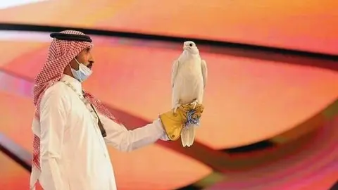 La agencia saudí SPA difundió esta imagen del preciado halcón canadiense.
