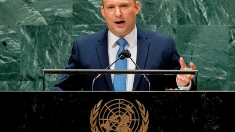 El primer ministro de Israel, Naftali Bennett, en la sede de la ONU en Nueva York, el 27 de septiembre de 2021. (Fuente externa)