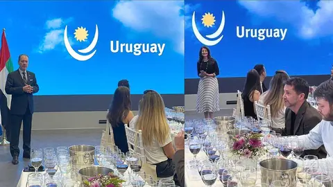 El embajador de Uruguay en Emiratos Árabes, Álvaro Ceriani, y la directora del Pabellón del país en Expo 2020 Dubai, Bárbara ElDbeissy, durante la degustación de vinos. (Cedida)